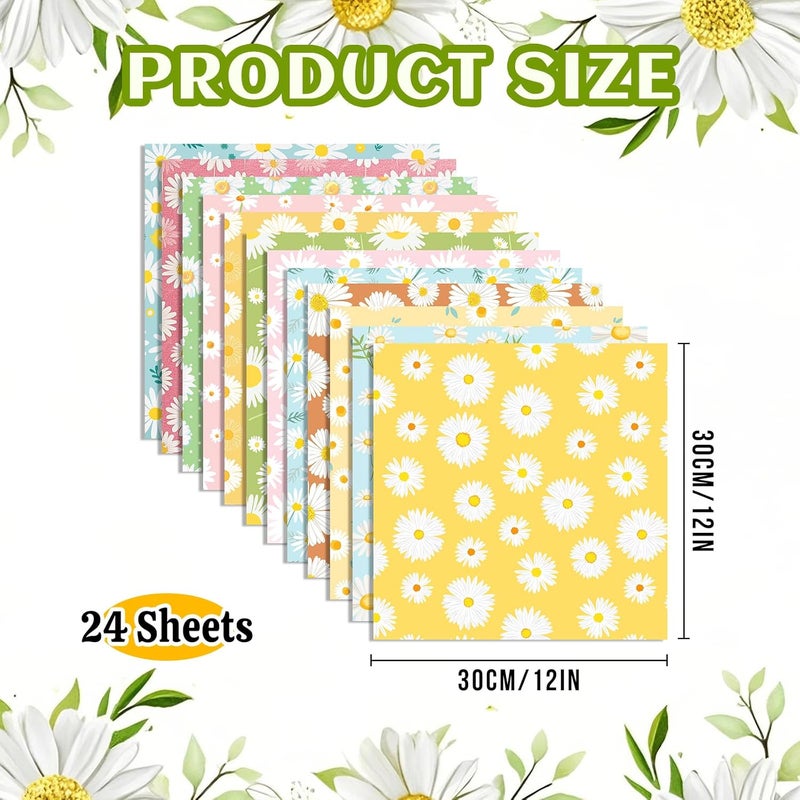 Feivando 24 Sheets Daisy Scrapbook Paper 12'' × 12'' Double-Sided Spring Summer Flower Pattern Paper Decorative Decoupage Cardstock for DIY Card Craft Making Scrapbook Supplies - Image 2